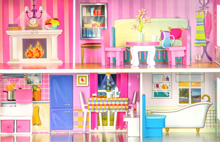 Duży drewniany domek dla lalek Rezydencja Różana mebelki różowy Ecotoys F0373