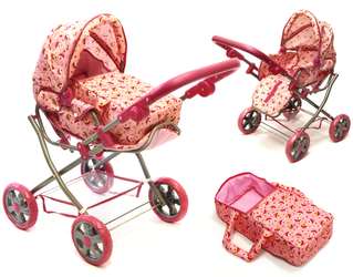 Metalowy wózek dla lalek składany Spacerówka Gondola dla dziewczynek 3w1 różowy