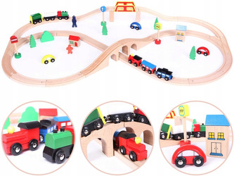 Drewniana kolejka pociąg na baterie tory akcesoria autka 49 elementy Ecotoys
