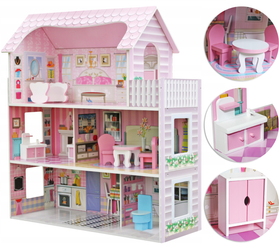 Duży drewniany domek dla lalek Willa różowa z mebelkami i tarasem 3 poziomy