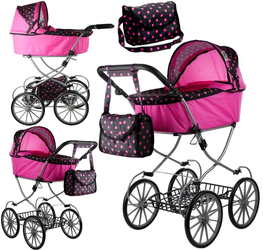 Wózek dla lalek retro Spacerówka Torebka Alice dla dzieci różowy w groszki