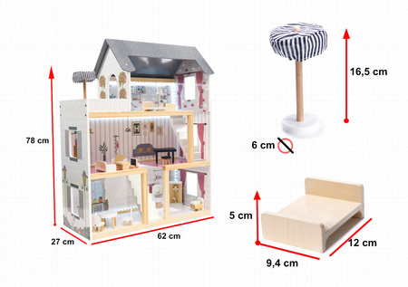 Duży drewniany domek dla lalek Willa z mebelkami dla dzieci Światła LED 78cm