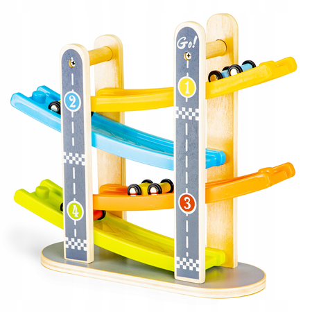 Drewniany tor edukacyjny dla dzieci Zjeżdżalnia dla samochodów 4 autka Ecotoys SAWT093-3