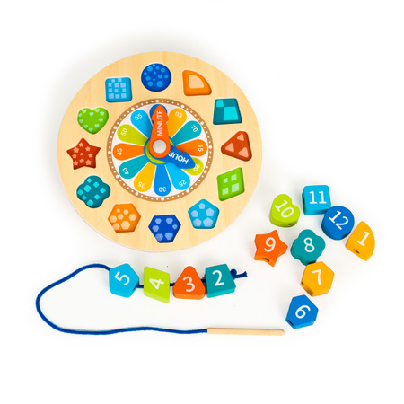 Edukacyjny drewniany zegar sorter dla dzieci świecący 3w1