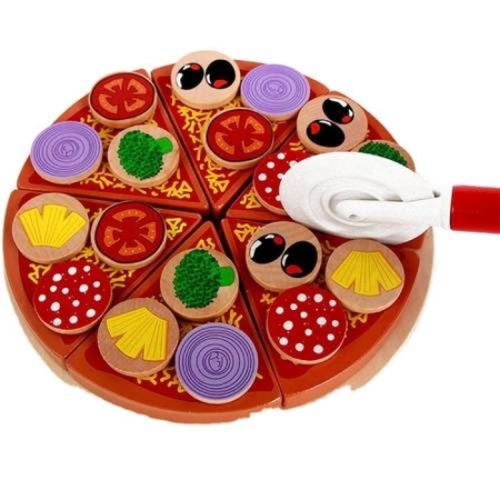 Drewniana pizza do krojenia z dodatkami na rzepy dla dzieci 27 elementów