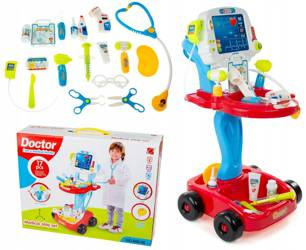 Zestaw małego lekarza doktora dla dzieci wózek akcesoria przyrządy medyczne EKG czerwono-niebieski