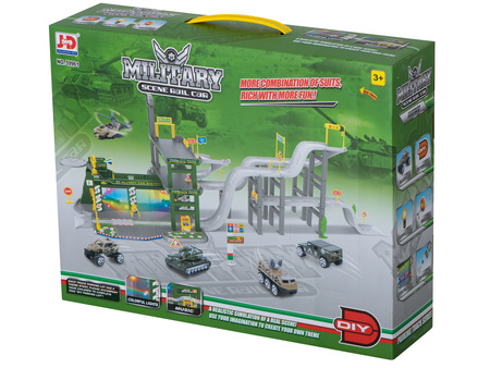 Duży zestaw Parking Garaż wojskowy z samochodami dla dzieci Czołg Helikopter 4 pojazdy