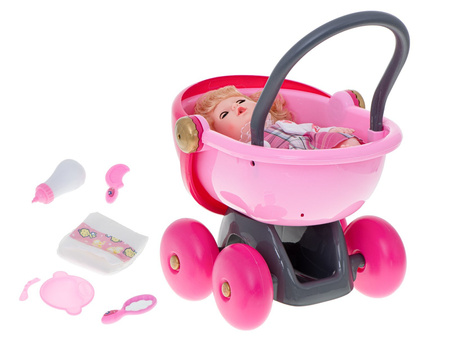 Interaktywna lalka Ala w sukience z wózkiem wydająca dźwięki Sika Pije 7 akcesoriów