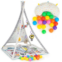 Duża mata edukacyjna dla dzieci Namiot tipi z piłkami Zwierzątka i miasto 5 zawieszek Ecotoys