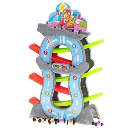 Duży tor samochodowy Zjeżdżalnia z samochodami 5-piętrowy parking dla dzieci 8 autek