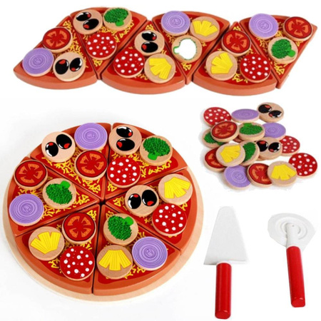 Drewniana pizza do krojenia z dodatkami na rzepy dla dzieci 27 elementów