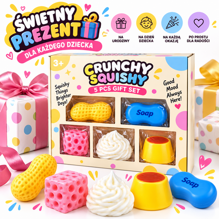 Zestaw gniotków antystresowych dla dzieci gniotki sensoryczne Crunchy Squishy 5w1 śmietana mydło pudding orzeszek