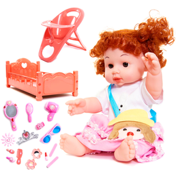 Interaktywna lalka dla dzieci z akcesoriami Krzesełko do karmienia Łóżeczko Dźwięk 12 elementów