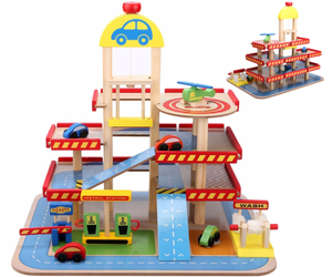 Drewniany tor samochodowy garaż dla dzieci parking z autkami i windą Ecotoys