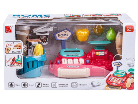 Sklepowa kasa fiskalna dla dzieci koszyk akcesoria czytnik waga malinowa