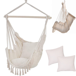 Beżowy wiszący hamak brazylijski Krzesło ogrodowe z poduszkami i drewnianym stelażem