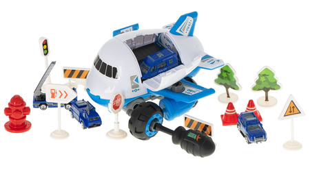 Duży samolot Transporter dla dzieci z samochodami i zestawem znaków drogowych DIY