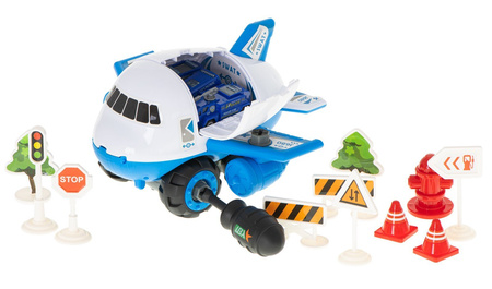 Duży samolot Transporter dla dzieci z samochodami i zestawem znaków drogowych DIY