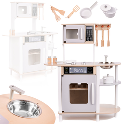 Drewniana nowoczesna kuchnia dla dzieci z akcesoriami do gotowania Zlew Piekarnik Mikrofalówka