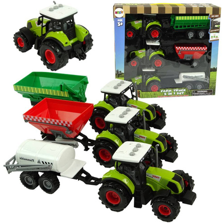 Zestaw trzech traktorów z naczepami do zabawy dla dzieci efekty dźwiękowe