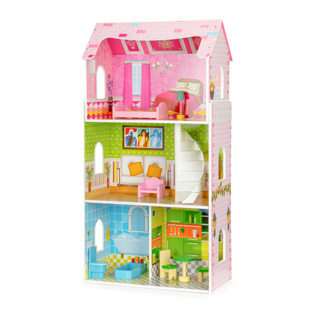 Duży wysoki drewniany domek dla lalek Rezydencja miętowa mebelki dla dzieci Ecotoys W08123
