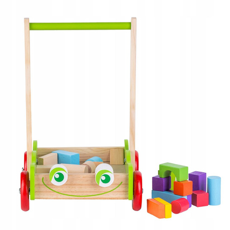 Drewniany wózek Chodzik Pchacz dla dzieci z zestawem 20 klocków ECOTOYS "Żabka"