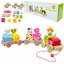 Drewniana kolejka pociąg lokomotywa z wagonami i klockami dla dzieci