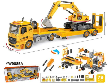Ciężarówka transporter z koparką do rozkręcania  dla dzieci  majsterkowanie 79 el