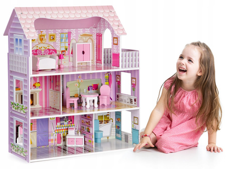 Duży drewniany domek dla lalek Rezydencja Montana mebelki oświetlenie LED Ecotoys ECO13295 