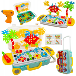 Zestaw edukacyjny konstrukcyjny dla dzieci Klocki do układania Układanka Mozaika Wkrętarka Walizka na kółkach