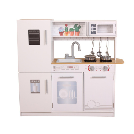 Drewniana zabawkowa kuchnia dla dzieci z lodówką, mikrofalą i akcesoriami światło LED
