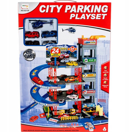Duży parking Tor samochodowy dla dzieci Garaż z myjnią i stacją benzynową 4 samochody i helikopter