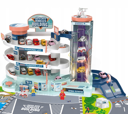 Duży garaż Parking Tor samochodowy z samochodami dla dzieci 3-poziomy Winda 5 autek