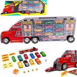 Duży transporter laweta Tir z 10 autkami i wyrzutnią dla dzieci