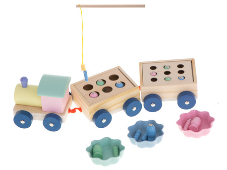 Drewniany pociąg edukacyjny dla dzieci z sorterem Zabawa w łowienie rybek z magnesem Kolejka z wagonami