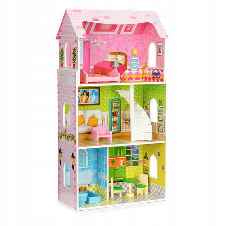Duży wysoki drewniany domek dla lalek Rezydencja miętowa mebelki dla dzieci Ecotoys W08123