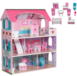 Duży drewniany domek dla lalek Rezydencja różowa z mebelkami XL 3 poziomy