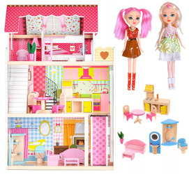 Duży drewniany domek dla lalek Rezydencja malinowa winda mebelki 2 lalki