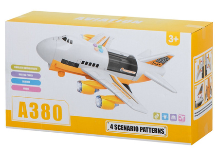 Duży otwierany samolot transporter z zestawem samochodów budowlanych i znakami dla dzieci