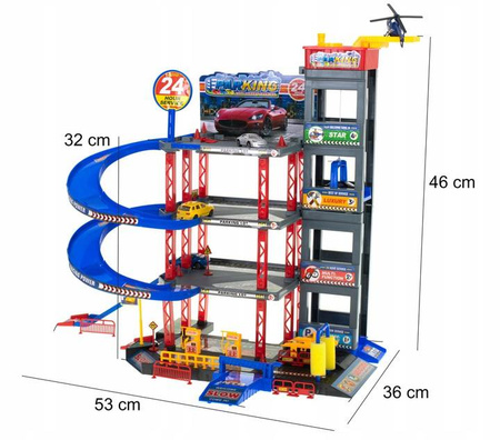 Duży parking Tor samochodowy dla dzieci Garaż z myjnią i stacją benzynową 4 samochody i helikopter