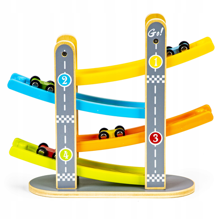 Drewniany tor edukacyjny dla dzieci Zjeżdżalnia dla samochodów 4 autka Ecotoys SAWT093-3