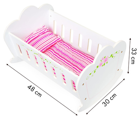 Drewniana kołyska dla lalek białe łóżeczko poduszka materac Ecotoys