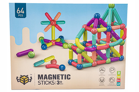 Klocki konstrukcyjne Magnetyczne Zestaw dla dzieci Kolorowe patyczki 64 elementy
