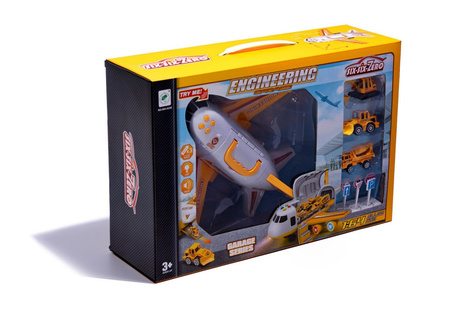 Duży otwierany samolot transporter z zestawem samochodów budowlanych dla dzieci