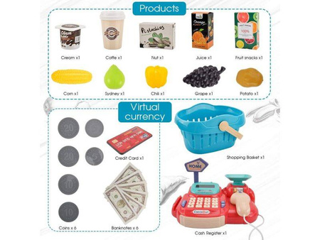 Sklepowa kasa fiskalna dla dzieci koszyk akcesoria czytnik waga malinowa