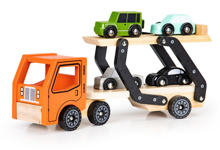 Drewniana ciężarówka laweta samochodowa dla dzieci 4 autka samochodziki tir samochód Ecotoys