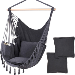 Szary wiszący hamak brazylijski Krzesło ogrodowe z poduszkami i drewnianym stelażem