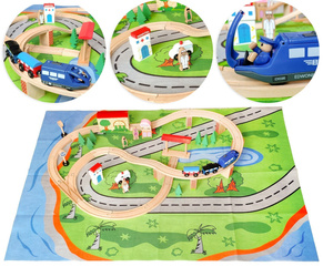 Drewniana kolejka pociąg na baterie tory akcesoria autka 50 elementów Ecotoys HJD93949