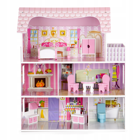 Duży drewniany domek dla lalek Rezydencja Montana mebelki oświetlenie LED Ecotoys ECO13295 