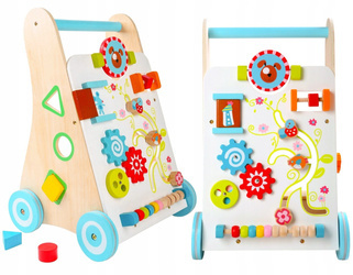 Drewniany wózek edukacyjny chodzik pchacz z klockami dla dzieci Ecotoys